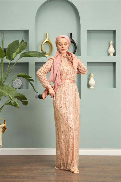 Stone Embroidered Belted Evening Dress - Beige