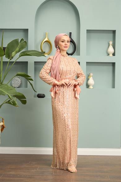 Stone Embroidered Belted Evening Dress - Beige