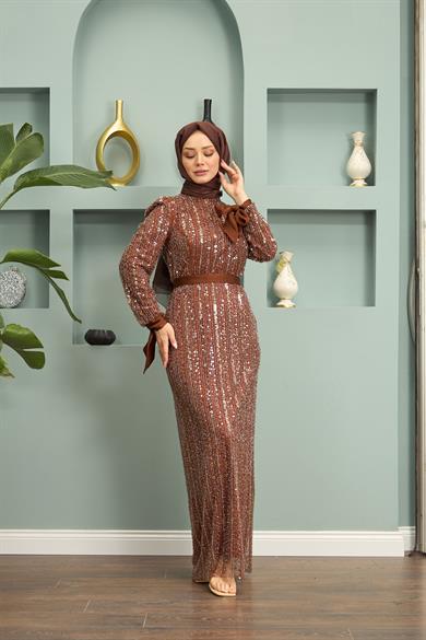 Stone Embroidered Belted Evening Dress - Brown
