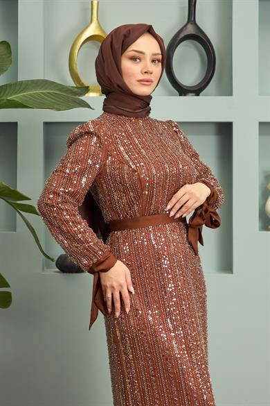 Stone Embroidered Belted Evening Dress - Brown