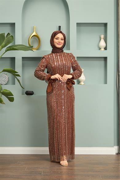 Stone Embroidered Belted Evening Dress - Brown