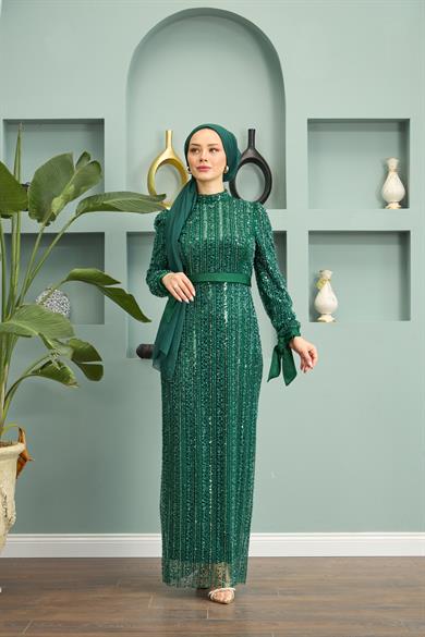 Stone Embroidered Belted Evening Dress - Emerald Green