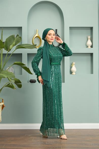 Stone Embroidered Belted Evening Dress - Emerald Green