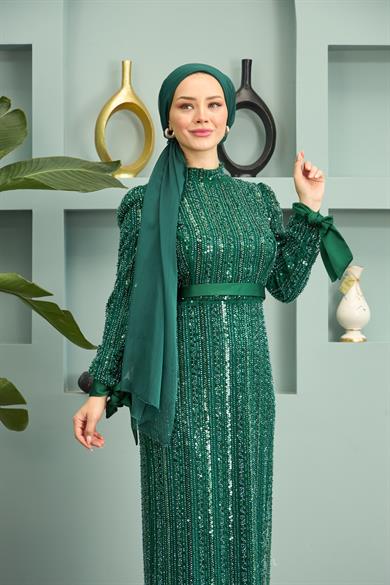 Stone Embroidered Belted Evening Dress - Emerald Green