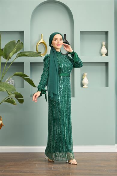 Stone Embroidered Belted Evening Dress - Emerald Green