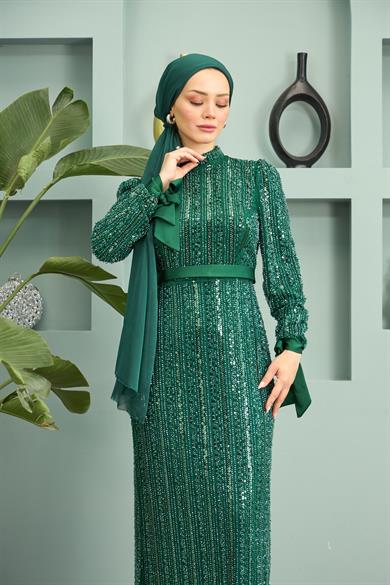 Stone Embroidered Belted Evening Dress - Emerald Green