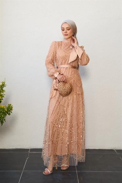 Stone Embroidered Special Design Evening Dress - Salmon