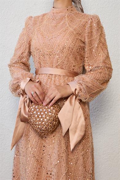 Stone Embroidered Special Design Evening Dress - Salmon