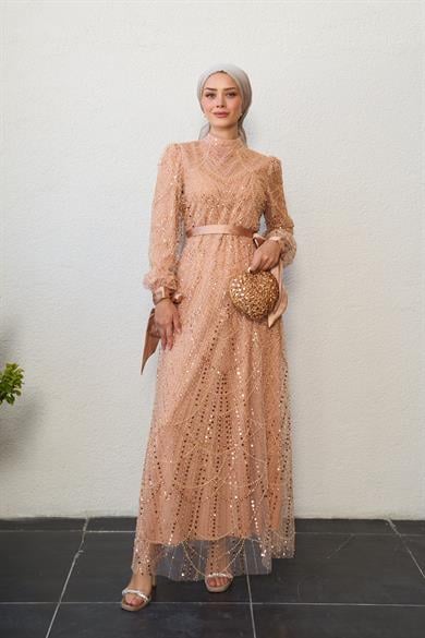 Stone Embroidered Special Design Evening Dress - Salmon