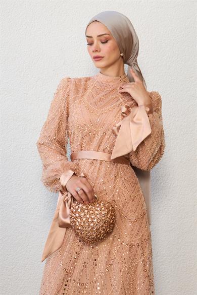 Stone Embroidered Special Design Evening Dress - Salmon