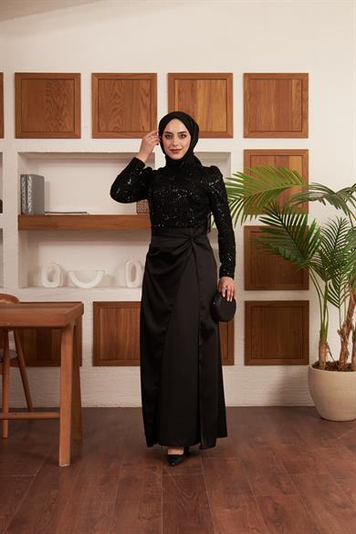 Taş İşlemeli Bel Bağlamalı Etekli Abiye - Siyah