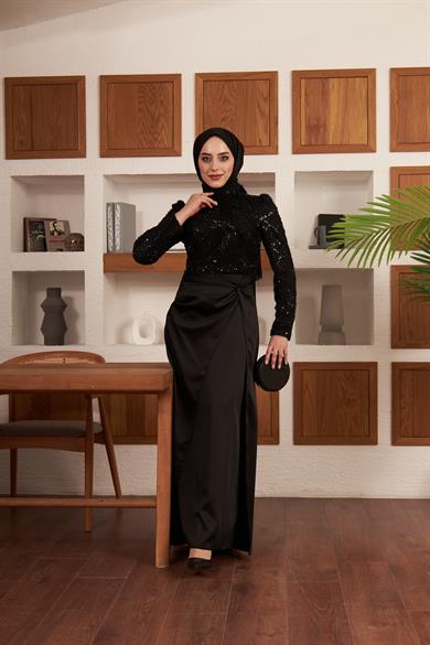 Taş İşlemeli Bel Bağlamalı Etekli Abiye - Siyah