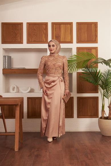 Taş İşlemeli Bel Bağlamalı Etekli Abiye - Somon