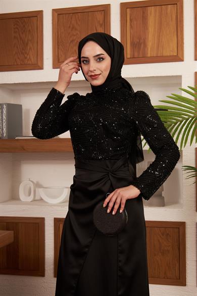 Taş İşlemeli Bel Bağlamalı Etekli Abiye - Siyah