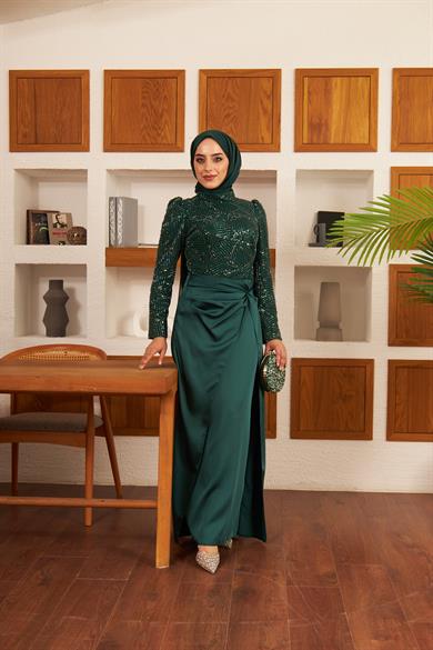 Taş İşlemeli Bel Bağlamalı Etekli Abiye - Zümrüt Yeşil