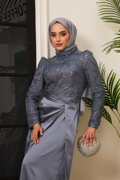 Taş İşlemeli Bel Bağlamalı Etekli Abiye - Gri