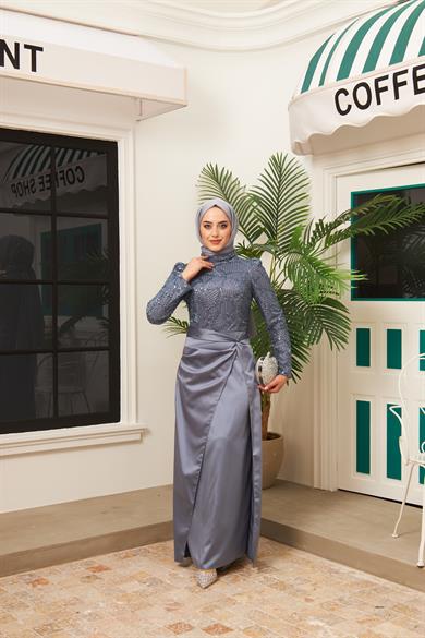 Taş İşlemeli Bel Bağlamalı Etekli Abiye - Gri