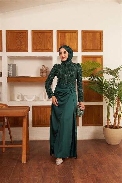 Taş İşlemeli Bel Bağlamalı Etekli Abiye - Zümrüt Yeşil
