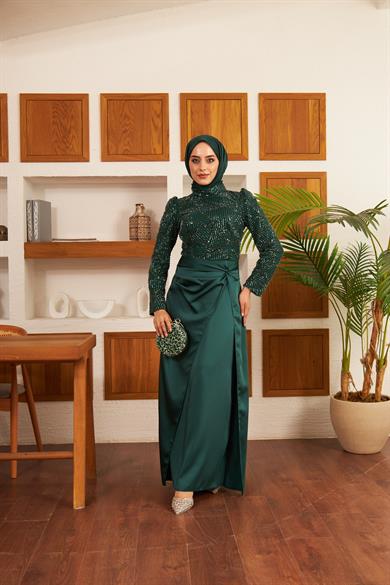 Taş İşlemeli Bel Bağlamalı Etekli Abiye - Zümrüt Yeşil