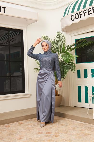 Taş İşlemeli Bel Bağlamalı Etekli Abiye - Gri