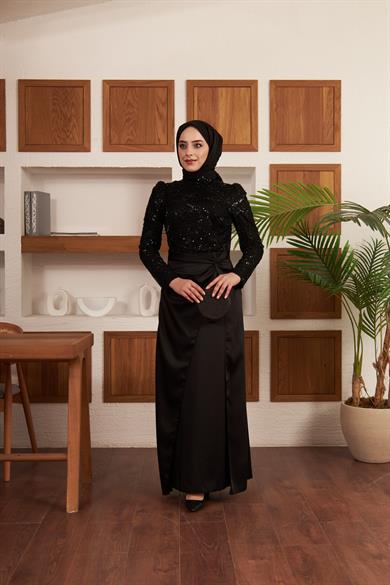 Taş İşlemeli Bel Bağlamalı Etekli Abiye - Siyah