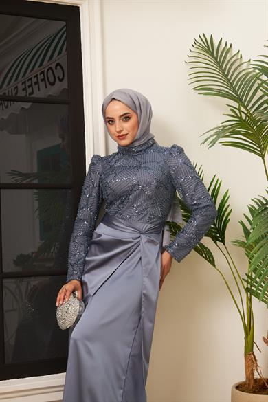 Taş İşlemeli Bel Bağlamalı Etekli Abiye - Gri