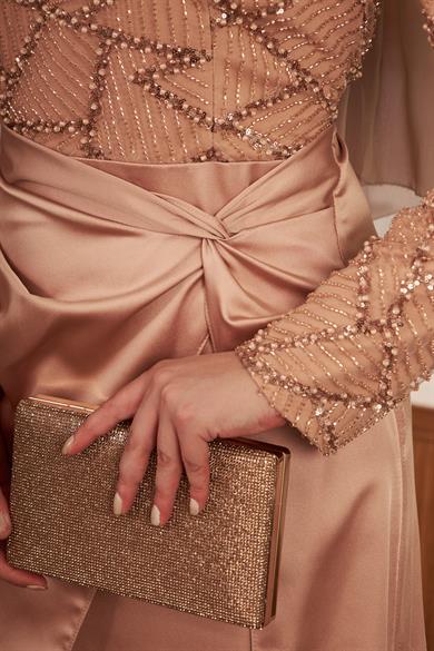 Taş İşlemeli Bel Bağlamalı Etekli Abiye - Somon