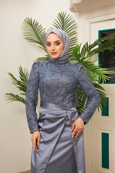 Taş İşlemeli Bel Bağlamalı Etekli Abiye - Gri