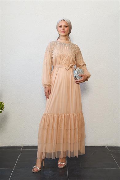 Stone Embroidered Tie Waist Evening Dress - Beige