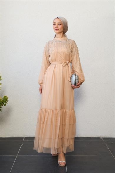 Stone Embroidered Tie Waist Evening Dress - Beige