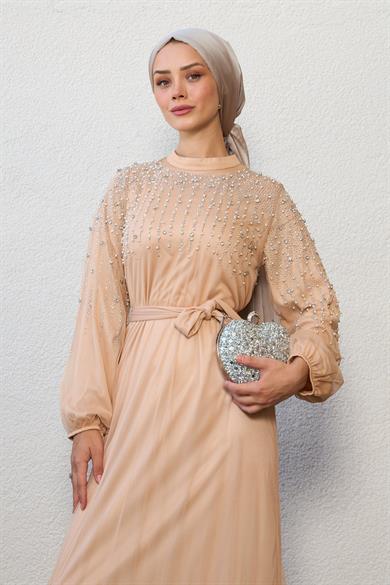 Stone Embroidered Tie Waist Evening Dress - Beige