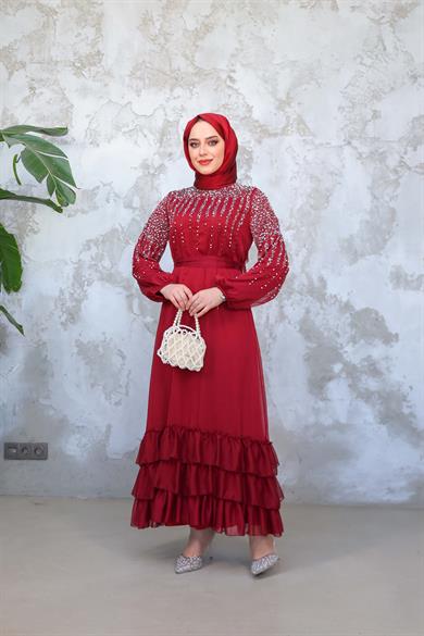 Taş İşlemeli Beli Bağlamalı Abiye - Bordo