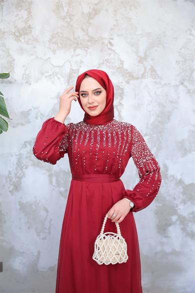 Taş İşlemeli Beli Bağlamalı Abiye - Bordo