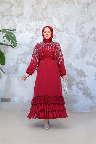 Taş İşlemeli Beli Bağlamalı Abiye - Bordo