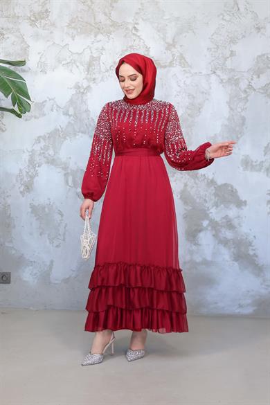 Taş İşlemeli Beli Bağlamalı Abiye - Bordo