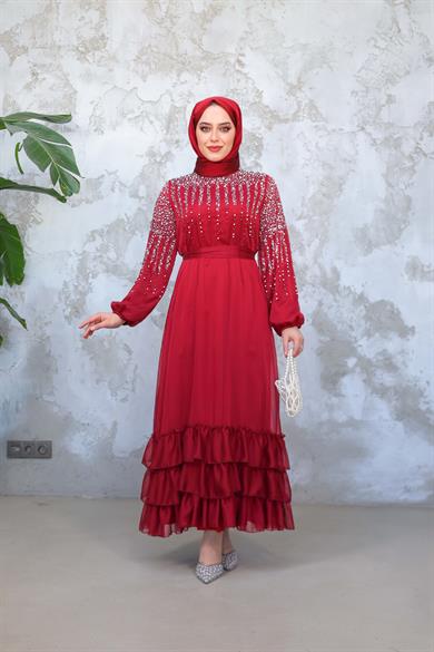 Taş İşlemeli Beli Bağlamalı Abiye - Bordo