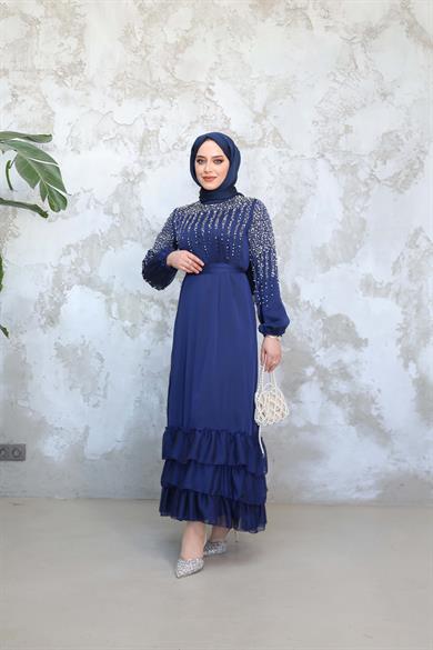 Stone Embroidered Tie Waist Evening Dress - Navy Blue