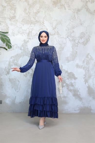 Stone Embroidered Tie Waist Evening Dress - Navy Blue