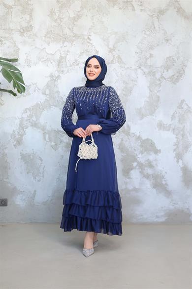 Stone Embroidered Tie Waist Evening Dress - Navy Blue