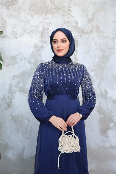 Stone Embroidered Tie Waist Evening Dress - Navy Blue