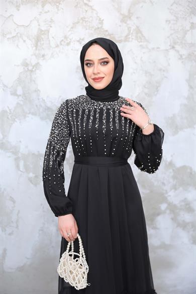 Stone Embroidered Tie Waist Evening Dress - Black