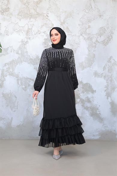 Stone Embroidered Tie Waist Evening Dress - Black