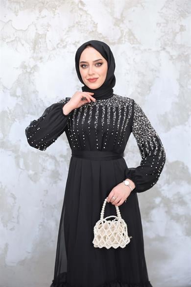 Stone Embroidered Tie Waist Evening Dress - Black