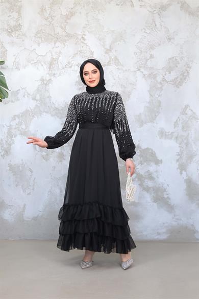 Stone Embroidered Tie Waist Evening Dress - Black