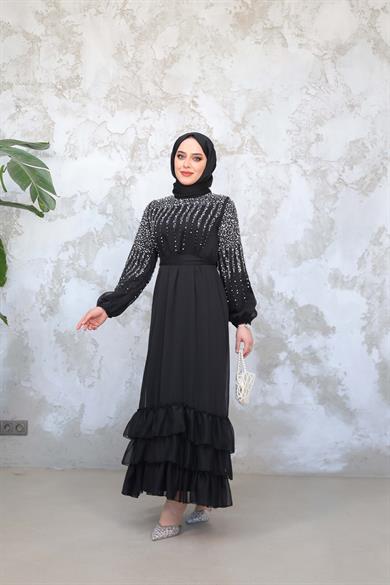 Stone Embroidered Tie Waist Evening Dress - Black