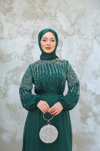 Taş İşlemeli Beli Bağlamalı Abiye - Zümrüt Yeşil
