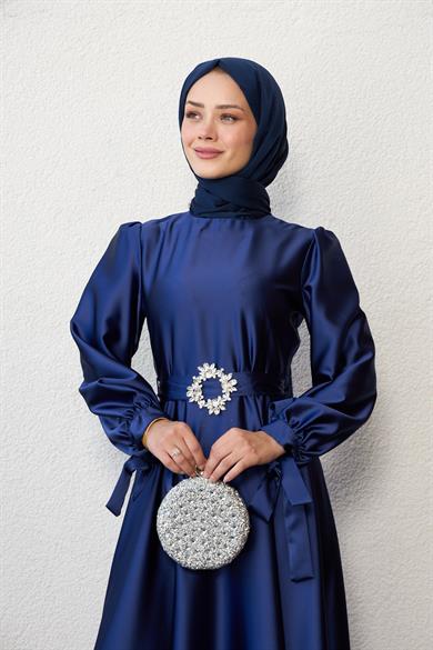 Taş Kemerli Saten Abiye - Lacivert
