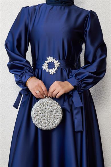 Taş Kemerli Saten Abiye - Lacivert