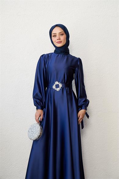 Taş Kemerli Saten Abiye - Lacivert