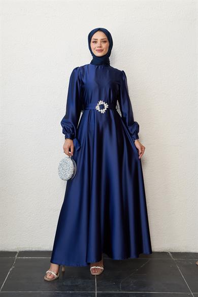 Taş Kemerli Saten Abiye - Lacivert